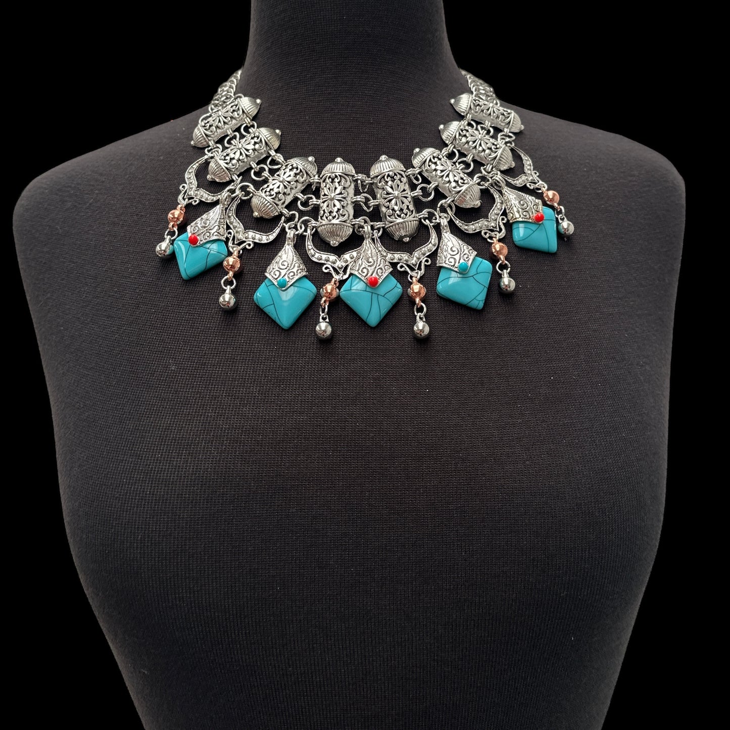 Bohemian Statement Necklace – Vintage Tribal Pendant with Turquoise Charm - Fatisha Boutique #