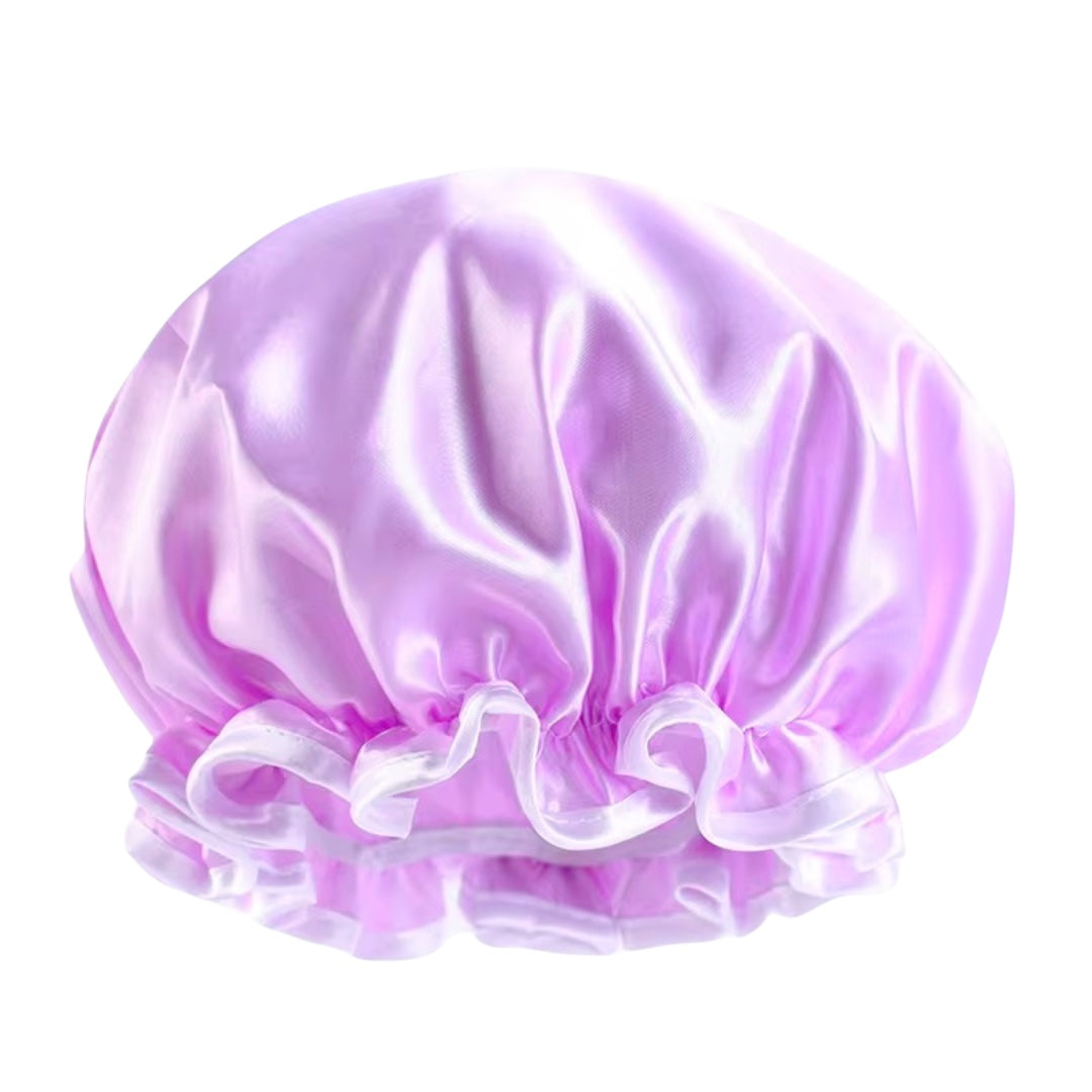 Double Layer Satin Silk Shower Bonnet – Reusable Waterproof Hair Cap with Ruffles