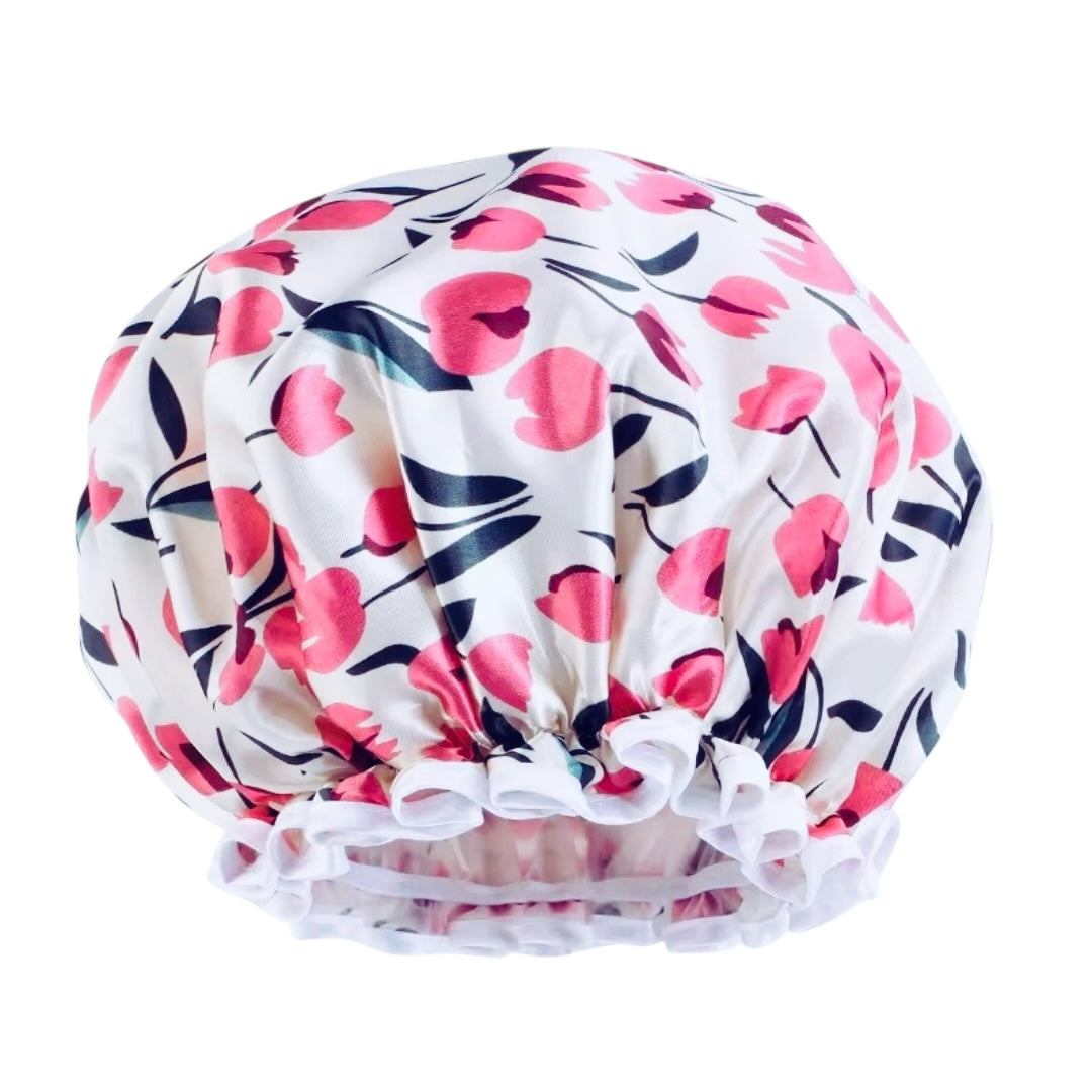 Double Layer Satin Silk Shower Bonnet – Reusable Waterproof Hair Cap with Ruffles