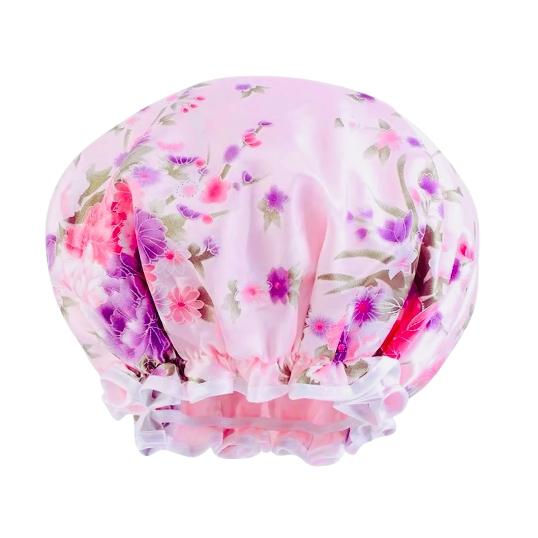 Double Layer Satin Silk Shower Bonnet – Reusable Waterproof Hair Cap with Ruffles