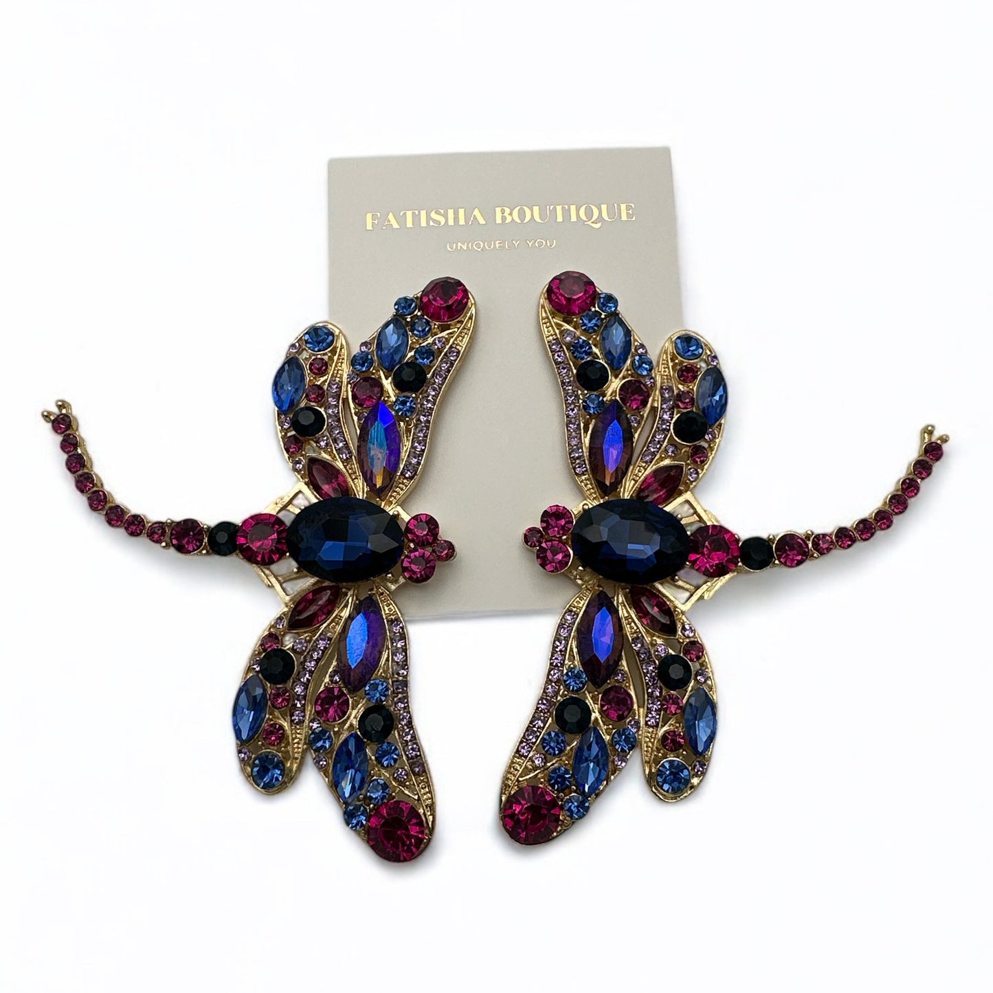 Multicolour Rhinestone Dragonfly Earrings – Crystal Statement Studs for Women | Bold Insect Jewellery UK