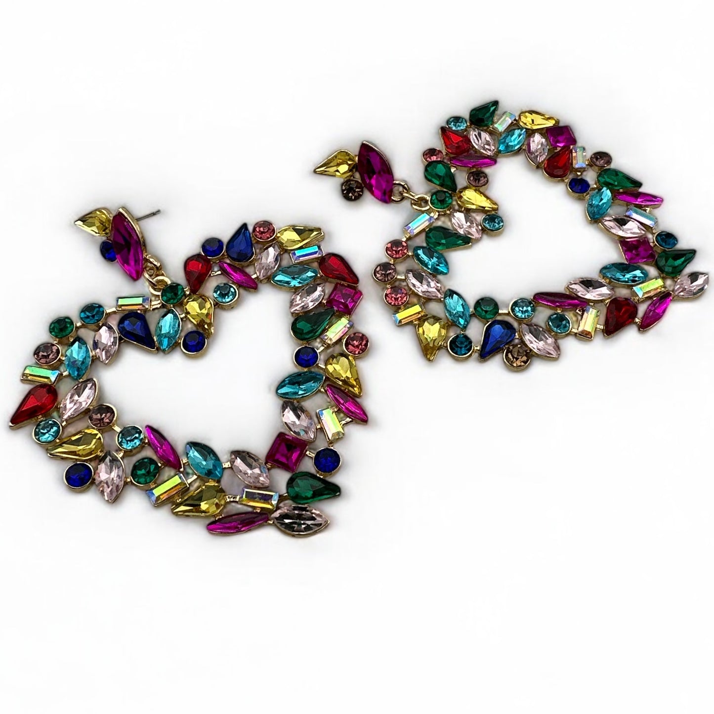 Multicolour Rhinestone Heart Statement Earrings – Bold Glam Dangle Jewellery