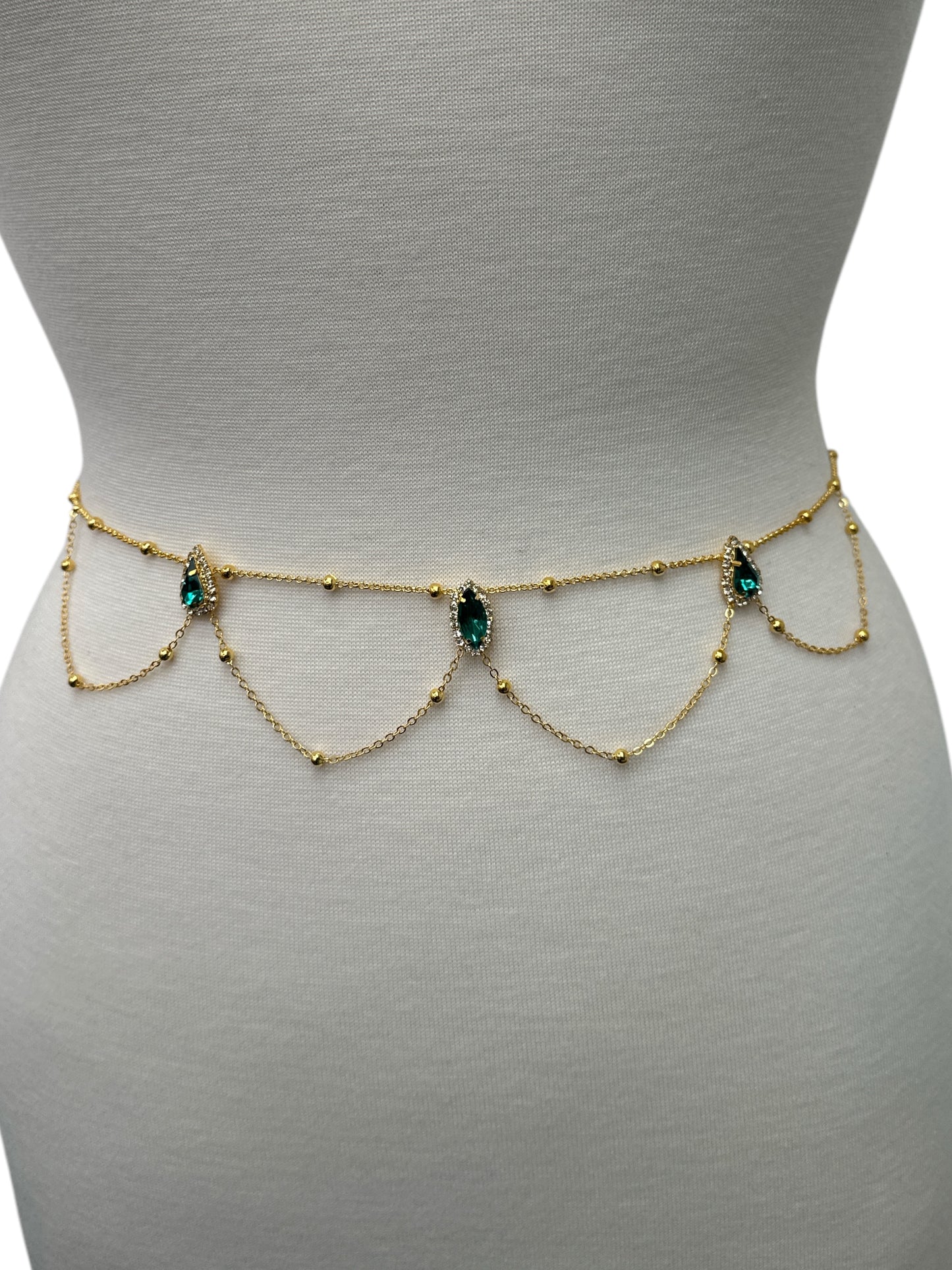 Rhinestone Crystal Belly Chain – Green & White Body Jewellery for Summer Looks - Fatisha Boutique #