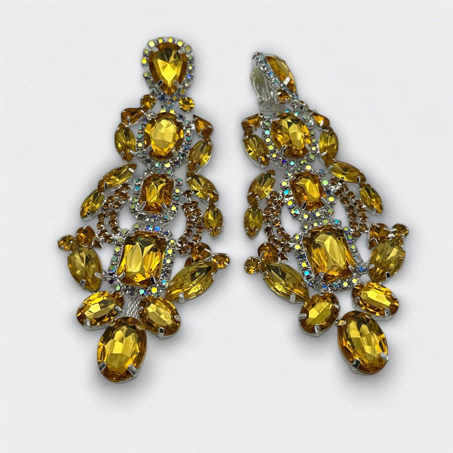 Long Elegant Yellow Silver Diamante Rhinestone Stud or Clip-On Drop Earrings