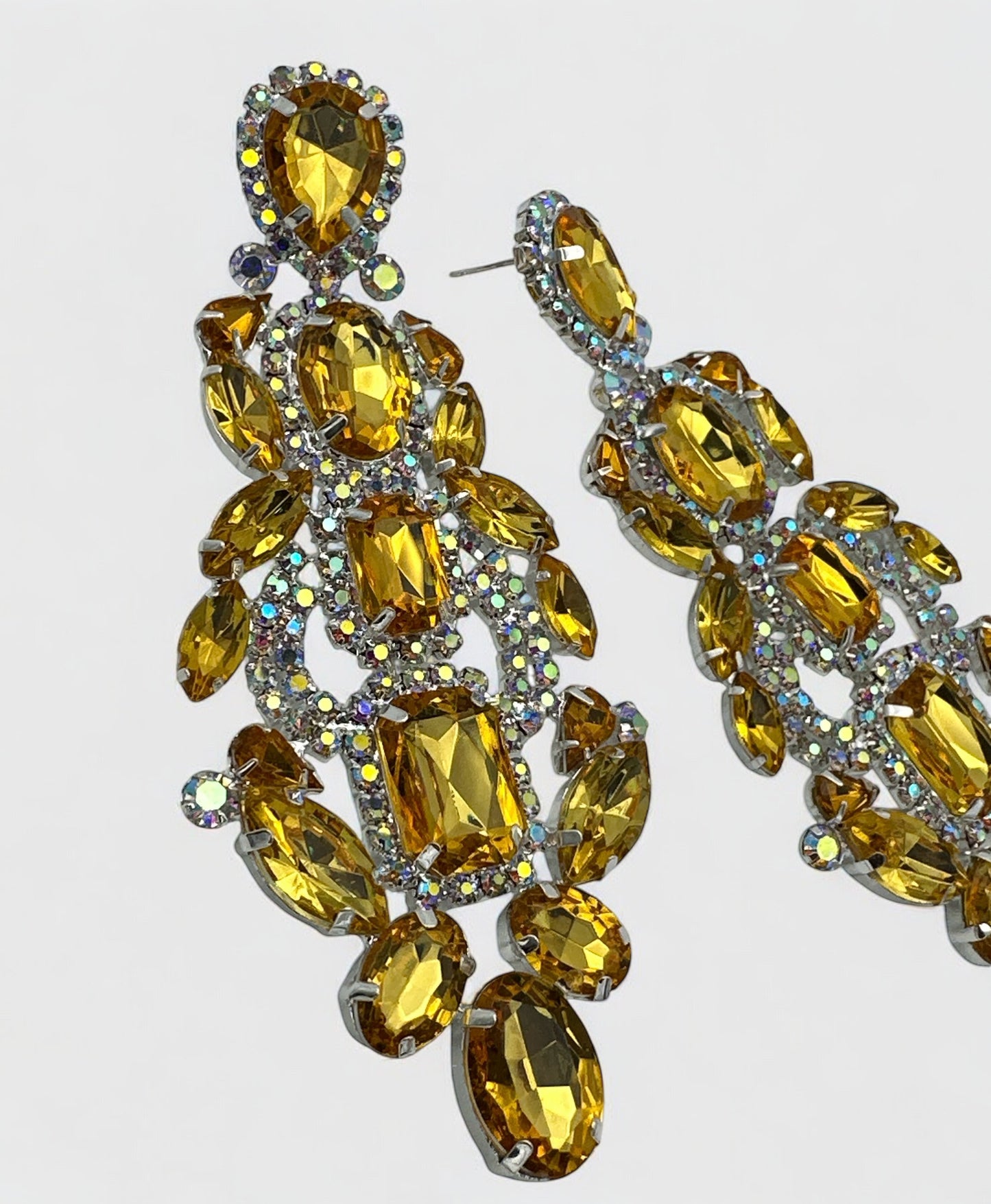 Long Elegant Yellow Silver Diamante Rhinestone Stud or Clip-On Drop Earrings