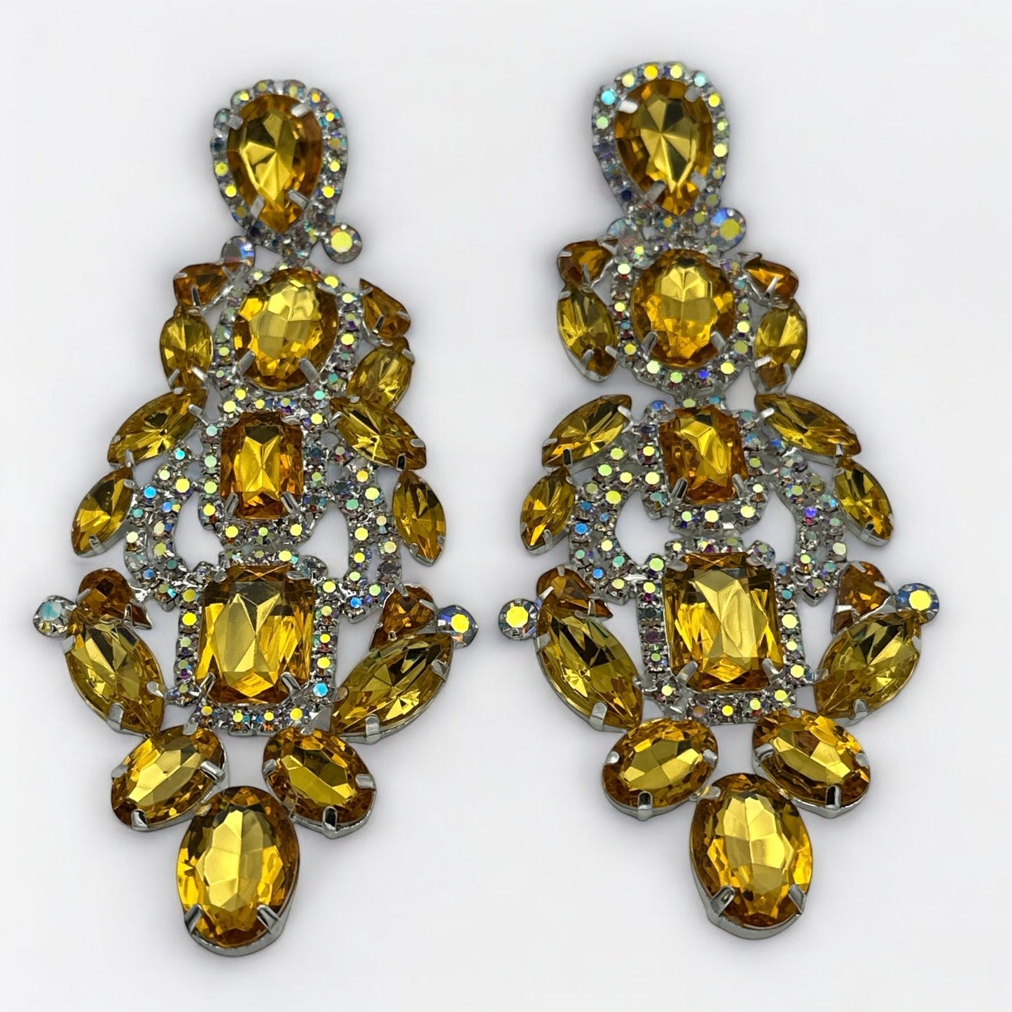 Long Elegant Yellow Silver Diamante Rhinestone Stud or Clip-On Drop Earrings