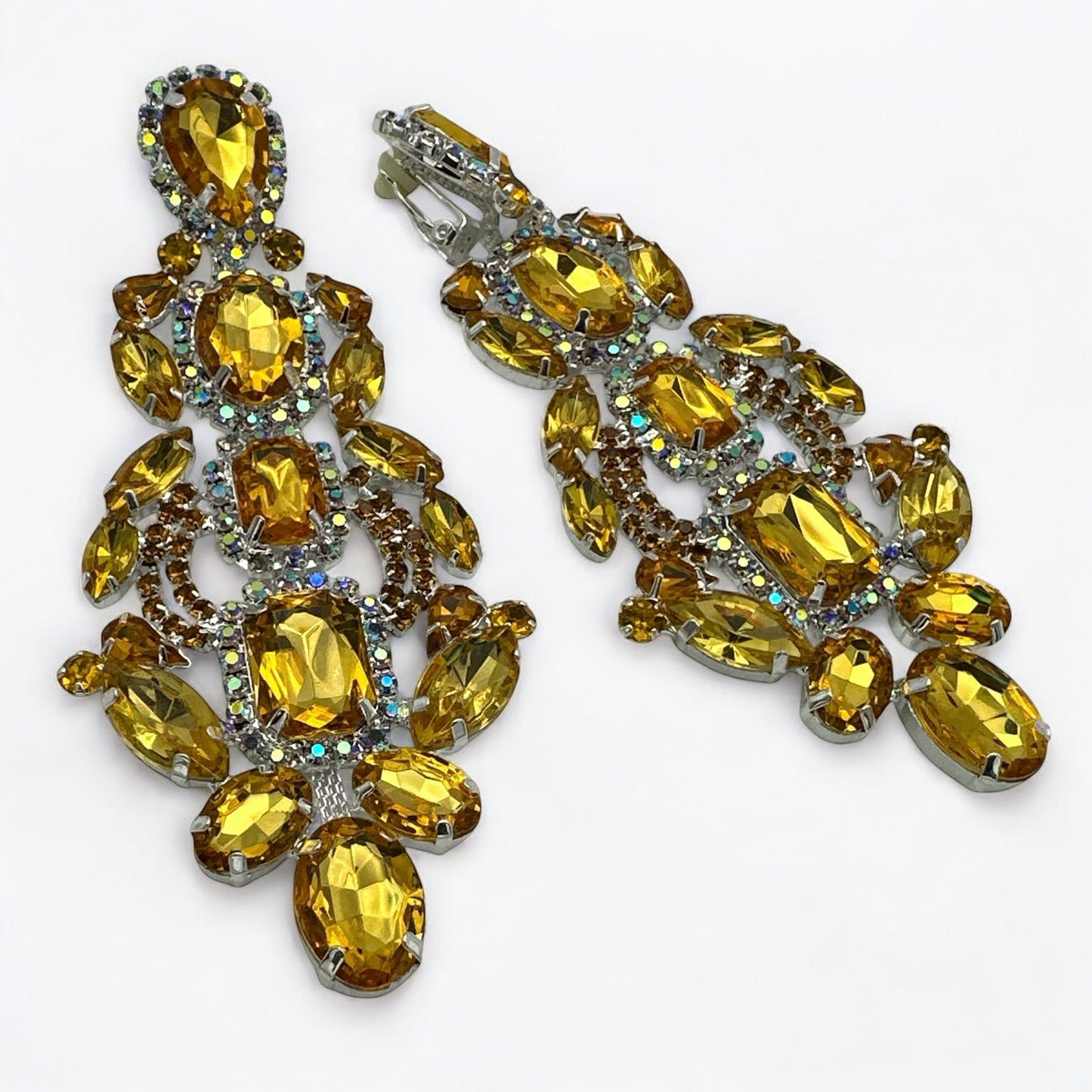 Long Elegant Yellow Silver Diamante Rhinestone Stud or Clip-On Drop Earrings