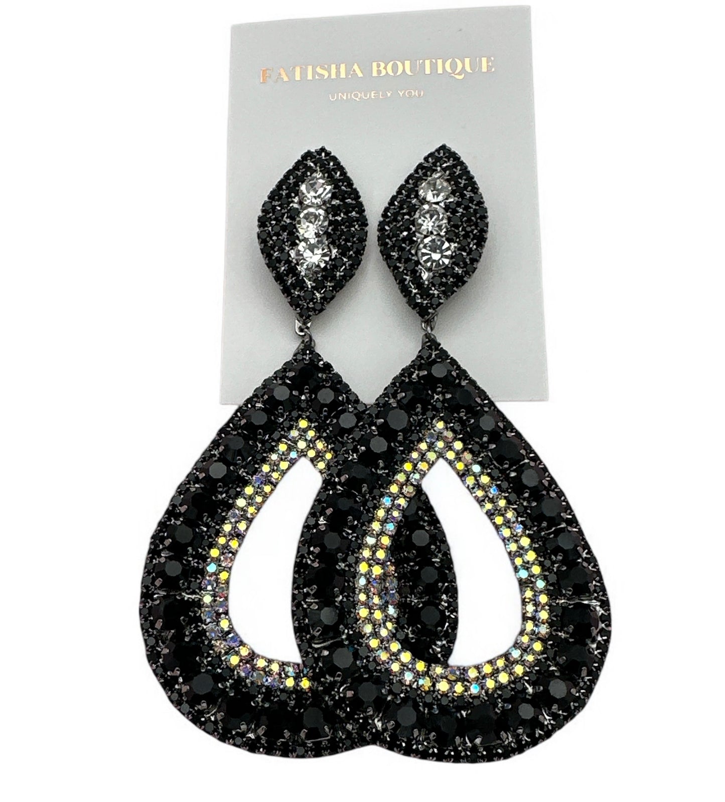 Statement Crystal Teardrop Earrings – Black Iridescent Drop for Glam Events - Fatisha Boutique #