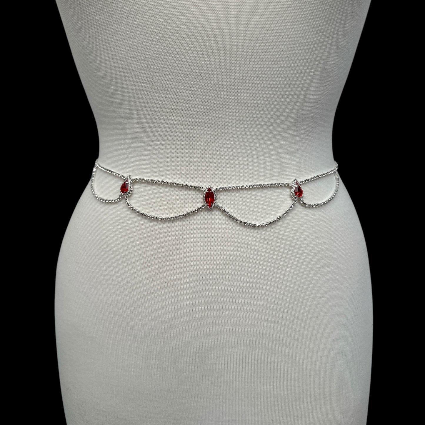 Elegant Rhinestone Belly Chain – Gold & Silver Waist Jewellery with Red Crystals - Fatisha Boutique #