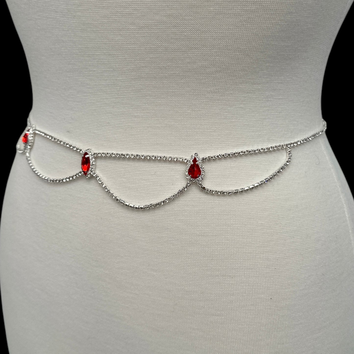 Elegant Rhinestone Belly Chain – Gold & Silver Waist Jewellery with Red Crystals - Fatisha Boutique #
