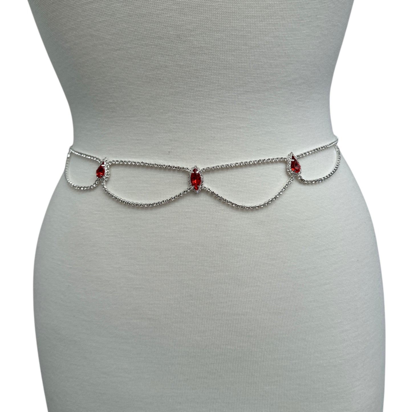 Elegant Rhinestone Belly Chain – Gold & Silver Waist Jewellery with Red Crystals - Fatisha Boutique #