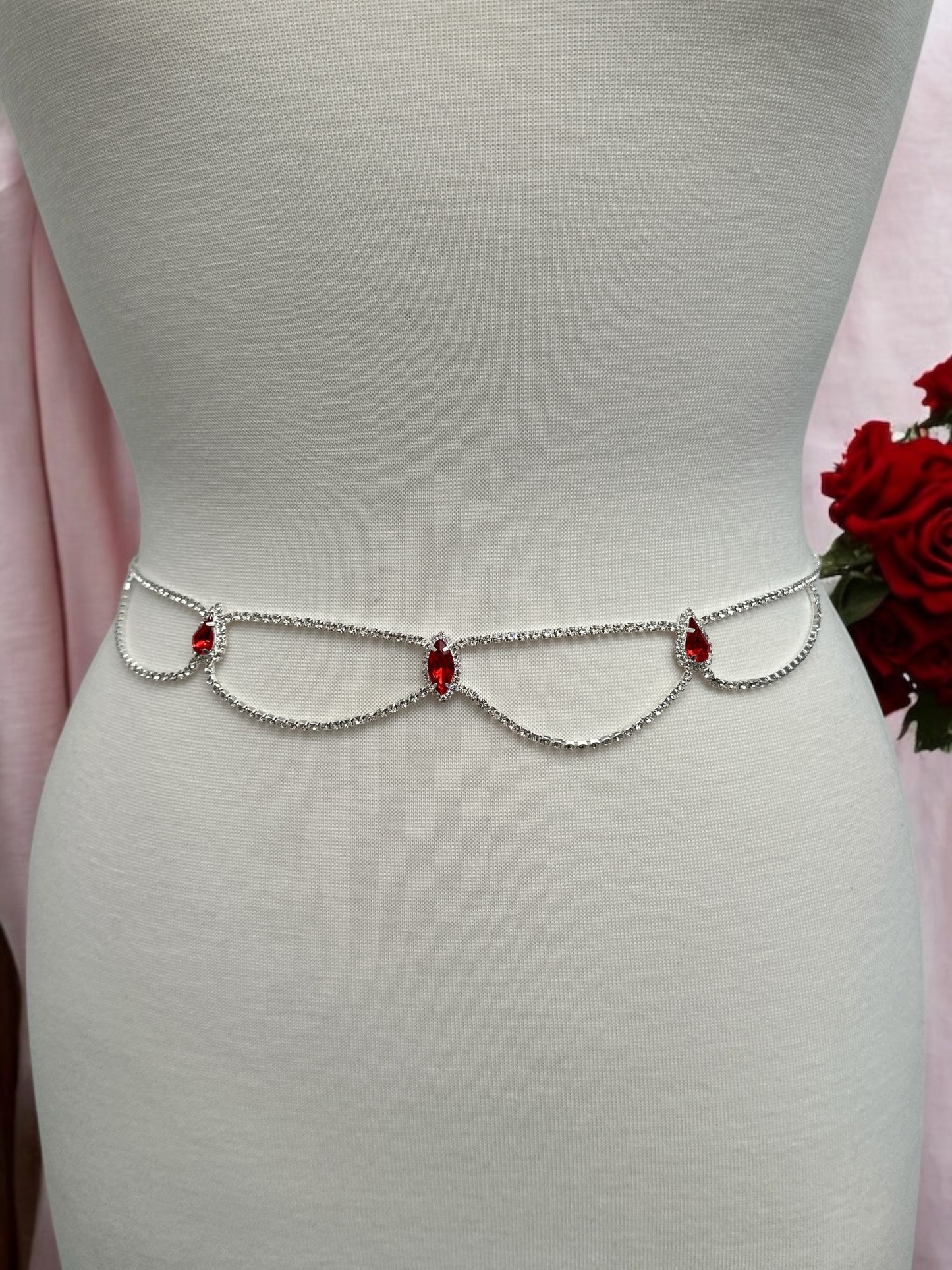 Elegant Rhinestone Belly Chain – Gold & Silver Waist Jewellery with Red Crystals - Fatisha Boutique #
