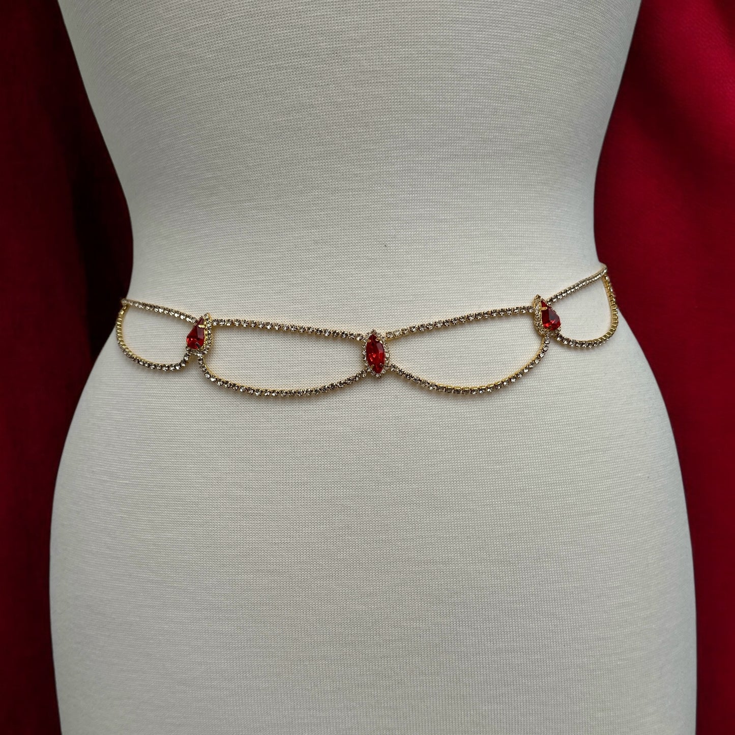 Elegant Rhinestone Belly Chain – Gold & Silver Waist Jewellery with Red Crystals - Fatisha Boutique #