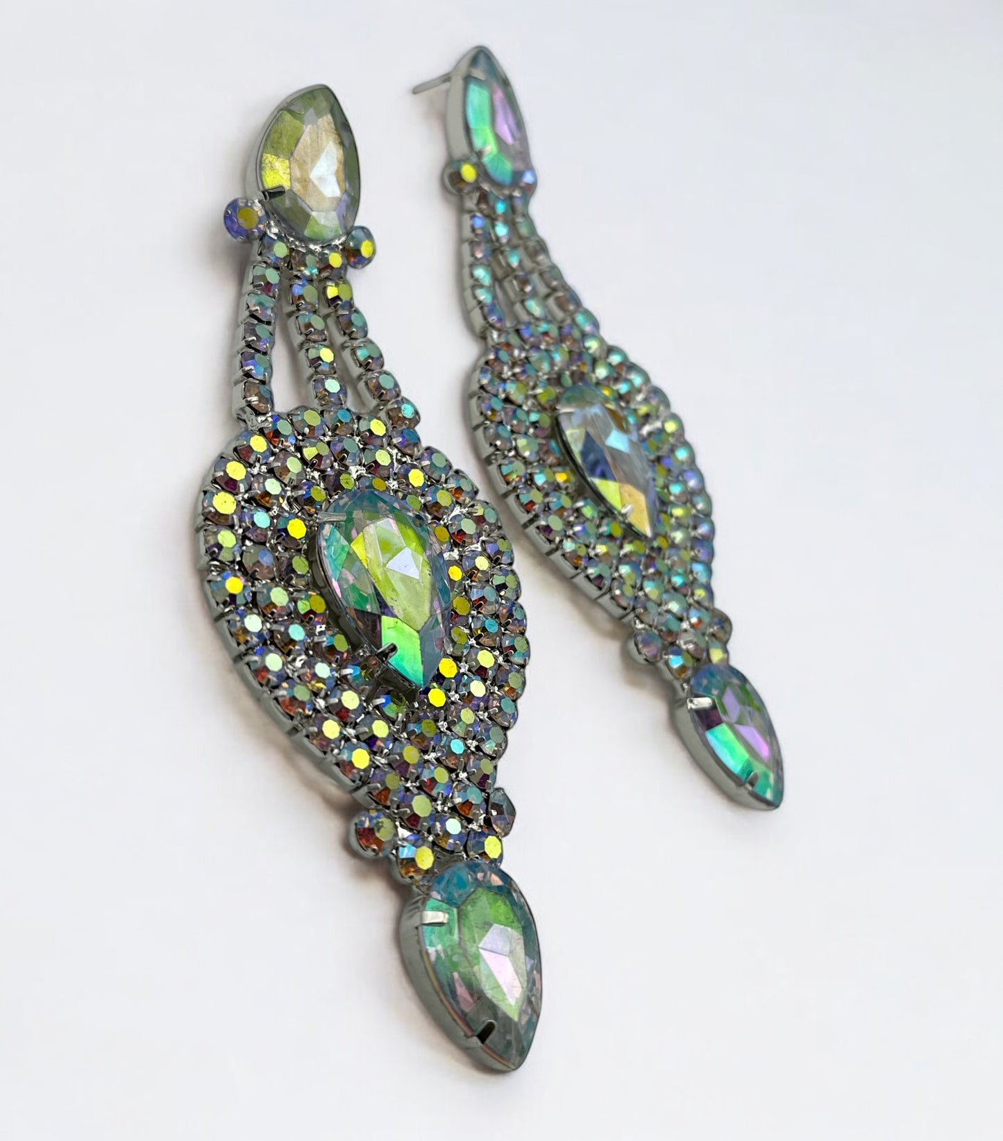 Long Elegant AB Colour Diamante Rhinestones Statement Dangle Earrings - Fatisha Boutique #