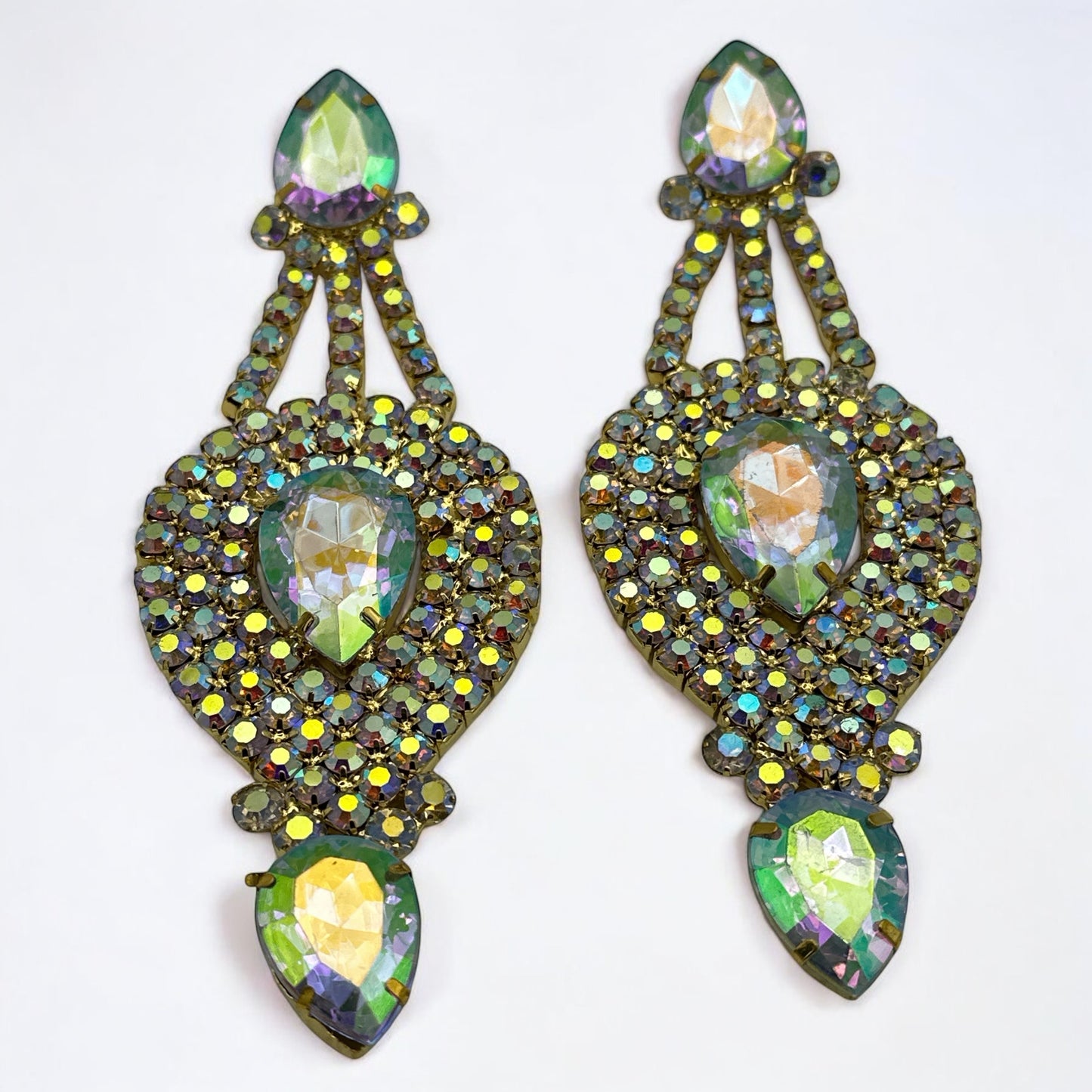 Long Elegant AB Colour Diamante Rhinestones Statement Dangle Earrings - Fatisha Boutique #