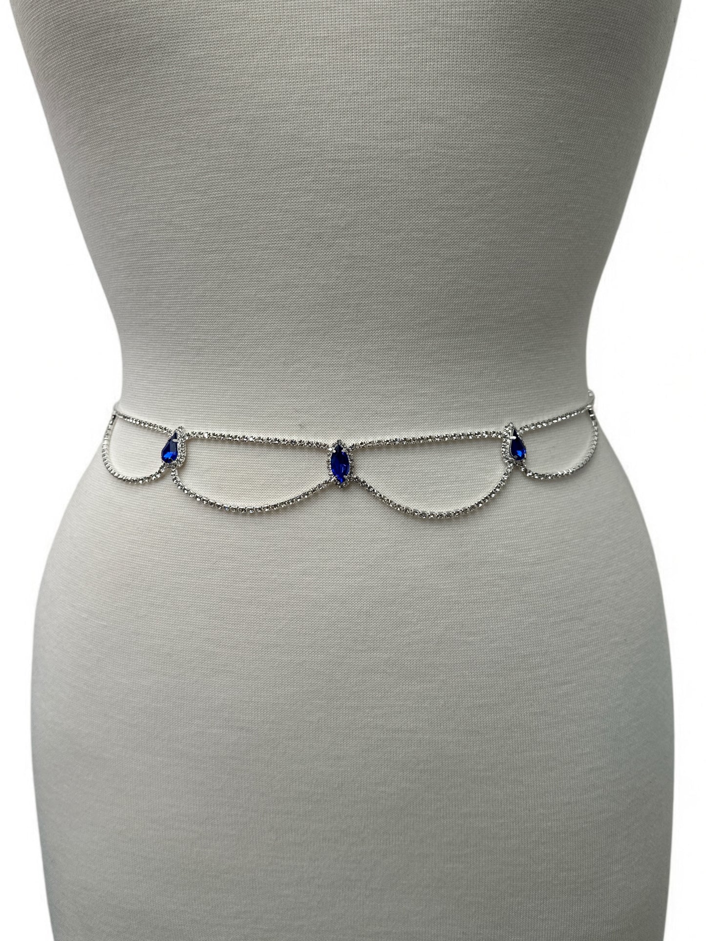 Elegant Rhinestone Belly Chain – Gold & Silver Waist Chain with Blue Crystals - Fatisha Boutique #