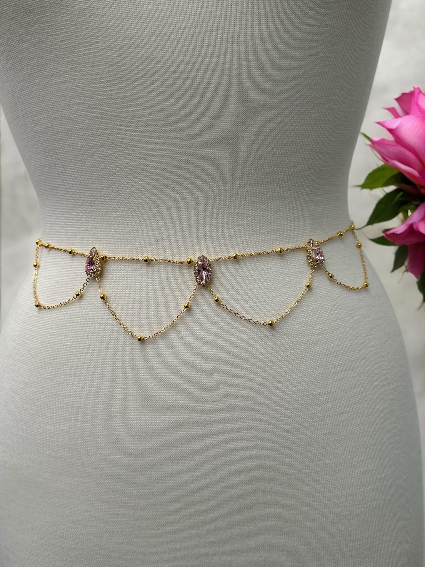 Elegant Rhinestone Belly Chain – Pink Crystal Waist Jewellery in Gold or Silver - Fatisha Boutique #