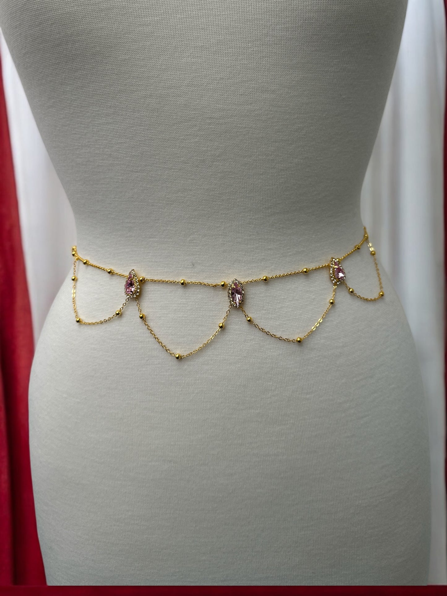 Elegant Rhinestone Belly Chain – Pink Crystal Waist Jewellery in Gold or Silver - Fatisha Boutique #