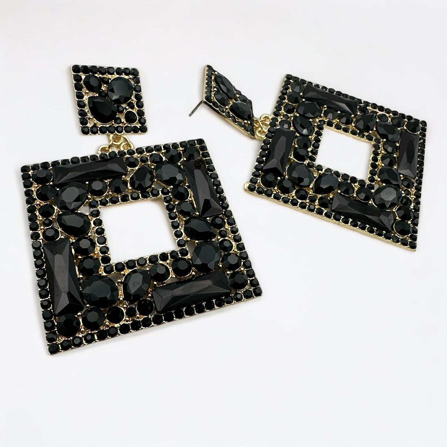 Big Rhinestone Statement Earrings – Square Drop Dangle Earrings for Women | Black, Silver, or Multicolour | Bold Glam Party Jewellery - Fatisha Boutique #