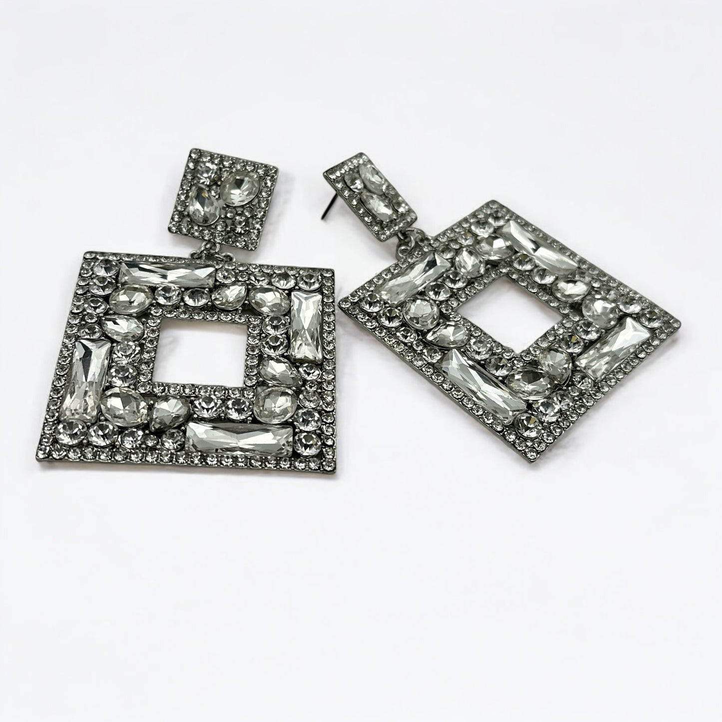 Big Rhinestone Statement Earrings – Square Drop Dangle Earrings for Women | Black, Silver, or Multicolour | Bold Glam Party Jewellery - Fatisha Boutique #