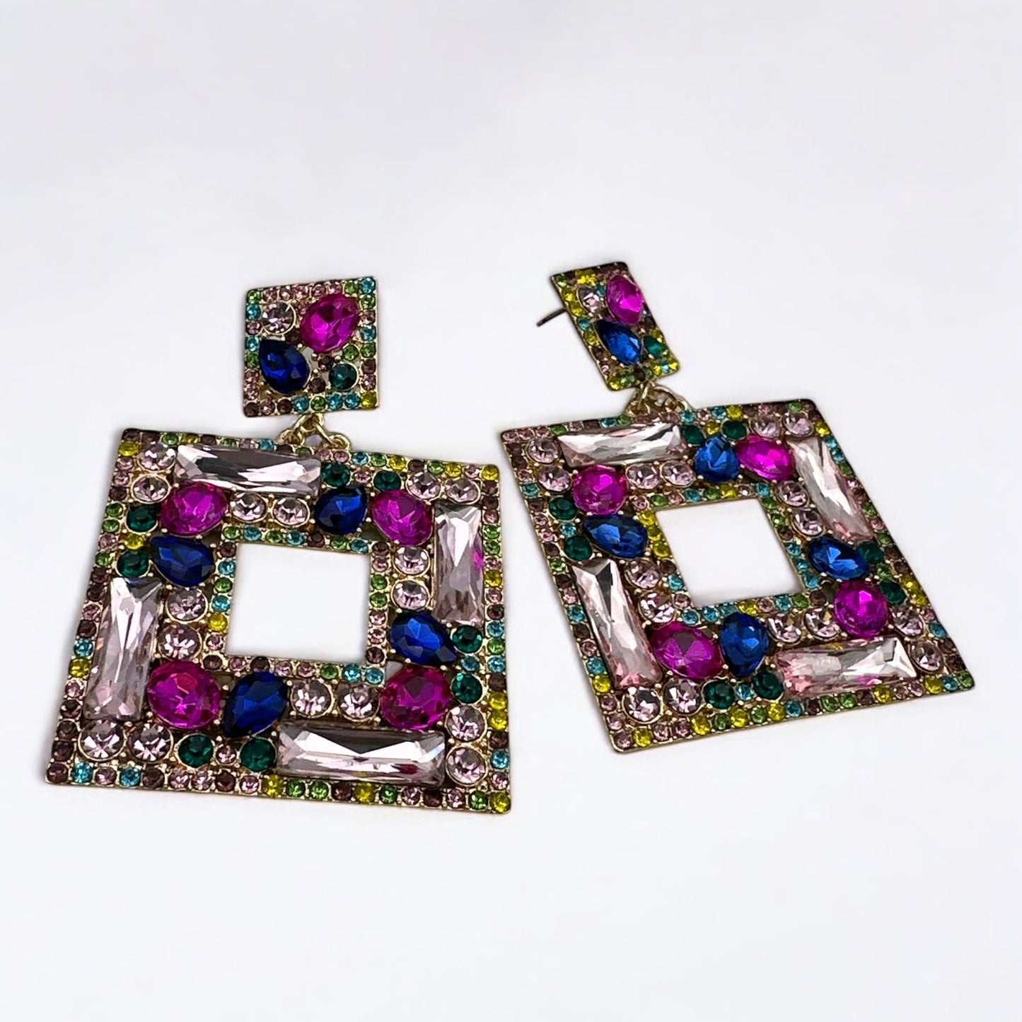 Big Rhinestone Statement Earrings – Square Drop Dangle Earrings for Women | Black, Silver, or Multicolour | Bold Glam Party Jewellery - Fatisha Boutique #