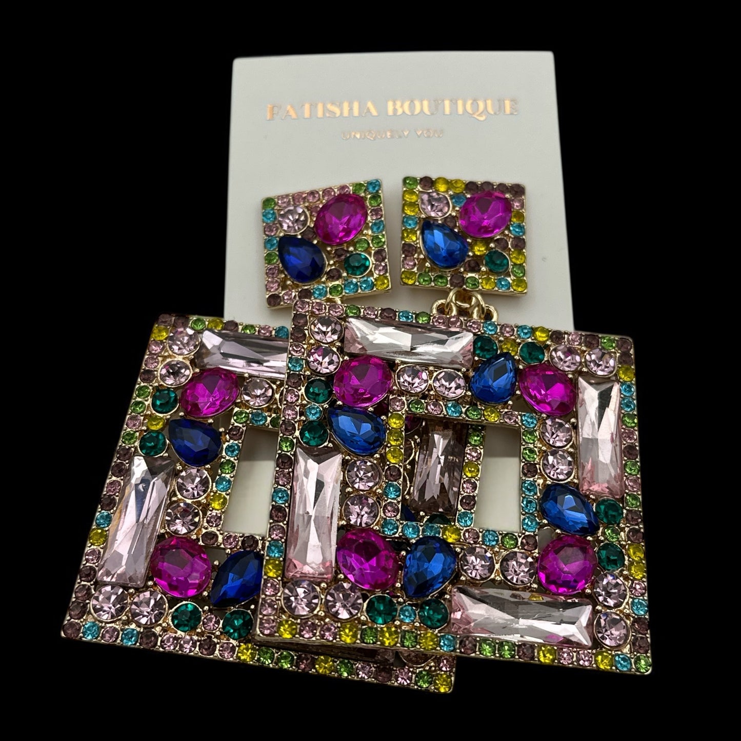 Big Rhinestone Statement Earrings – Square Drop Dangle Earrings for Women | Black, Silver, or Multicolour | Bold Glam Party Jewellery - Fatisha Boutique #