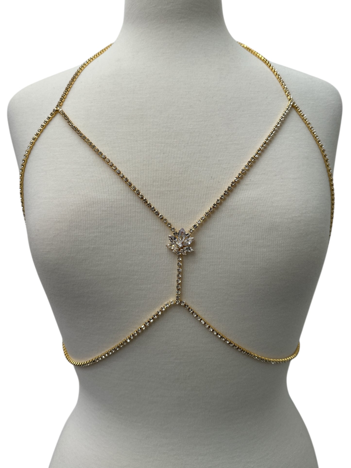 Flower Rhinestone Body Chain – Crystal Statement Body Jewellery in Gold or Silver