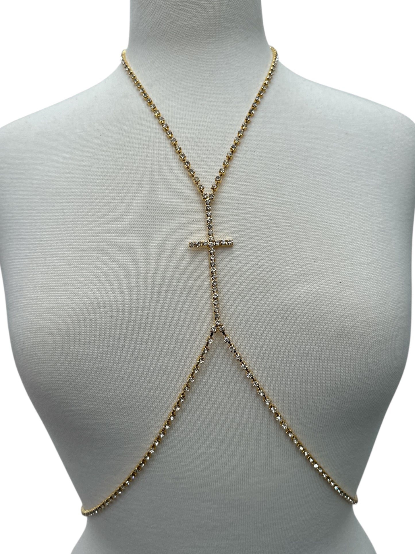 Rhinestone Cross Body Chain – Statement Crystal Body Jewellery in Gold or Silver for Women - Fatisha Boutique #