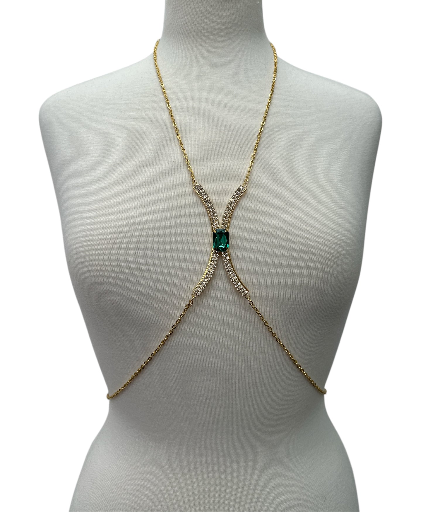 Green Rhinestone Bralette Body Chain – Gold & Silver Statement Festival Jewellery - Fatisha Boutique #