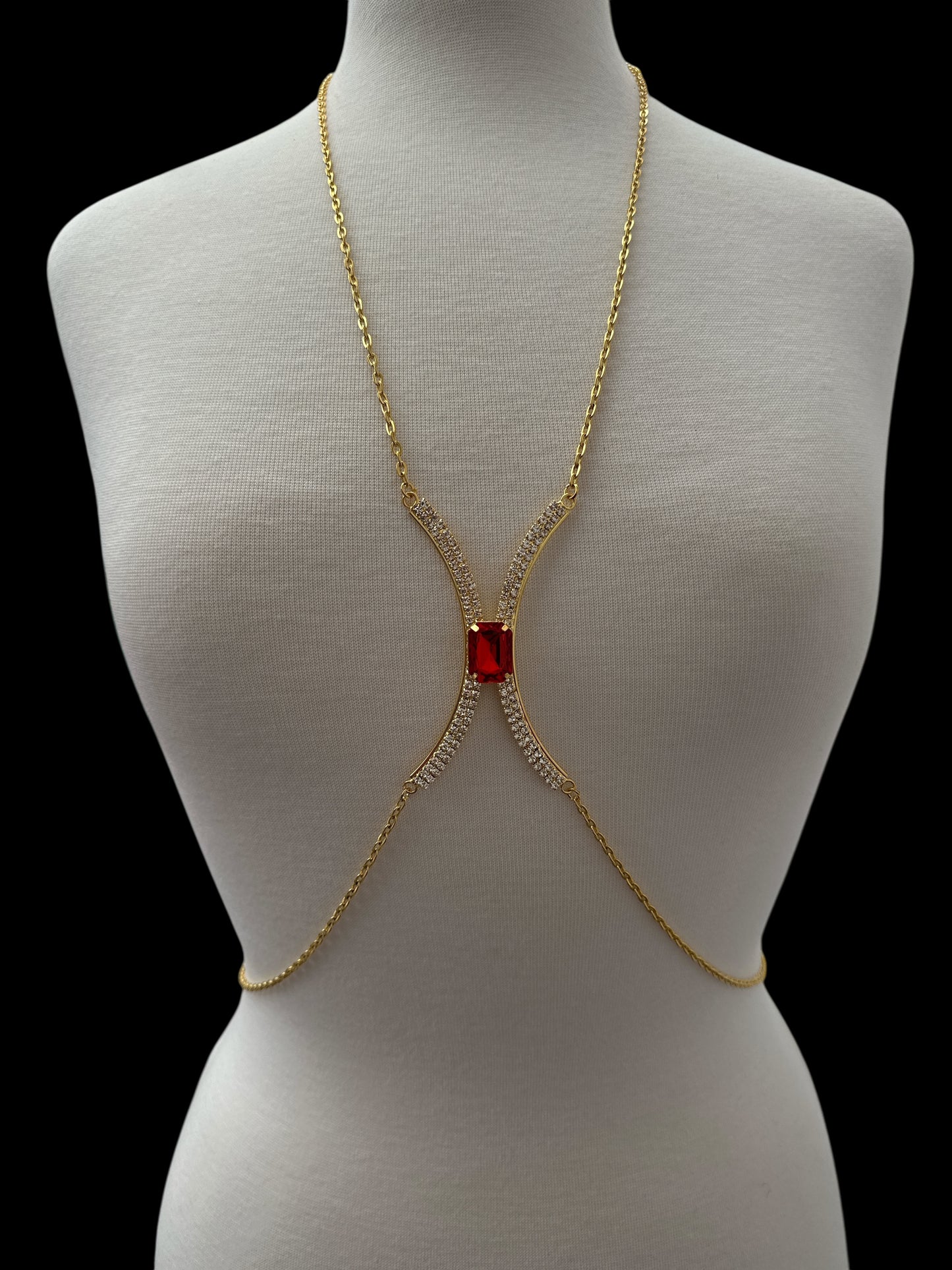 Red Rhinestone Bralette Body Chain – Gold & Silver Festival Statement Jewellery