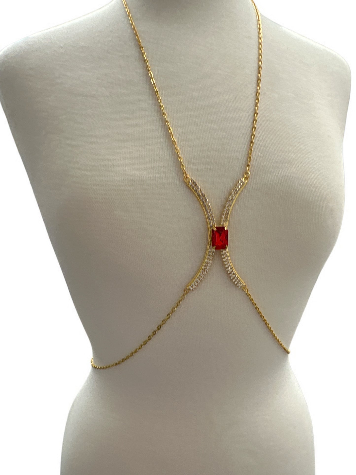 Red Rhinestone Bralette Body Chain – Gold & Silver Festival Statement Jewellery