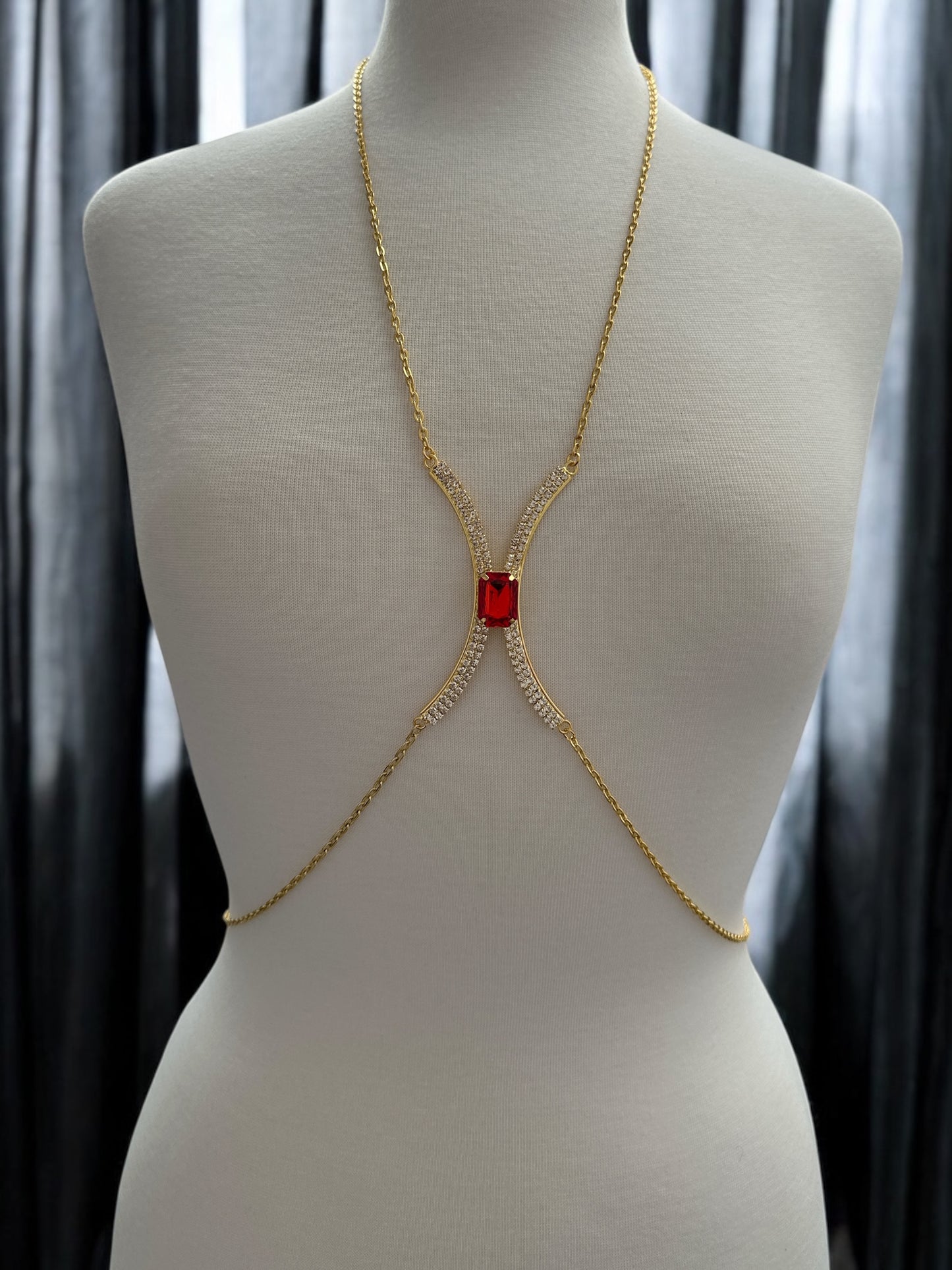 Red Rhinestone Bralette Body Chain – Gold & Silver Festival Statement Jewellery