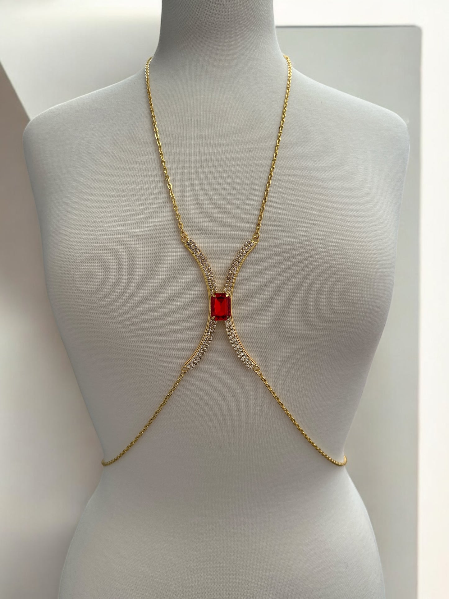 Red Rhinestone Bralette Body Chain – Gold & Silver Festival Statement Jewellery