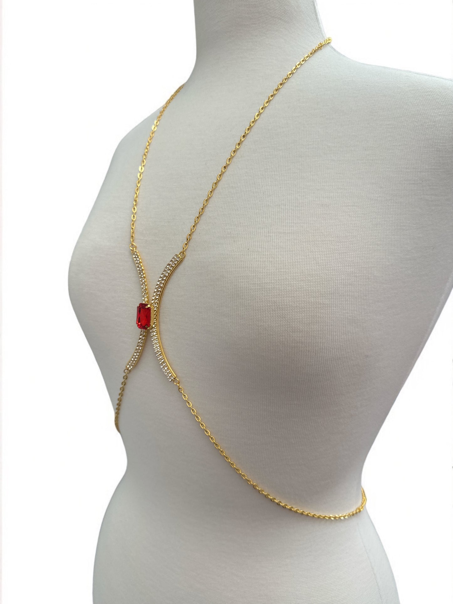 Red Rhinestone Bralette Body Chain – Gold & Silver Festival Statement Jewellery