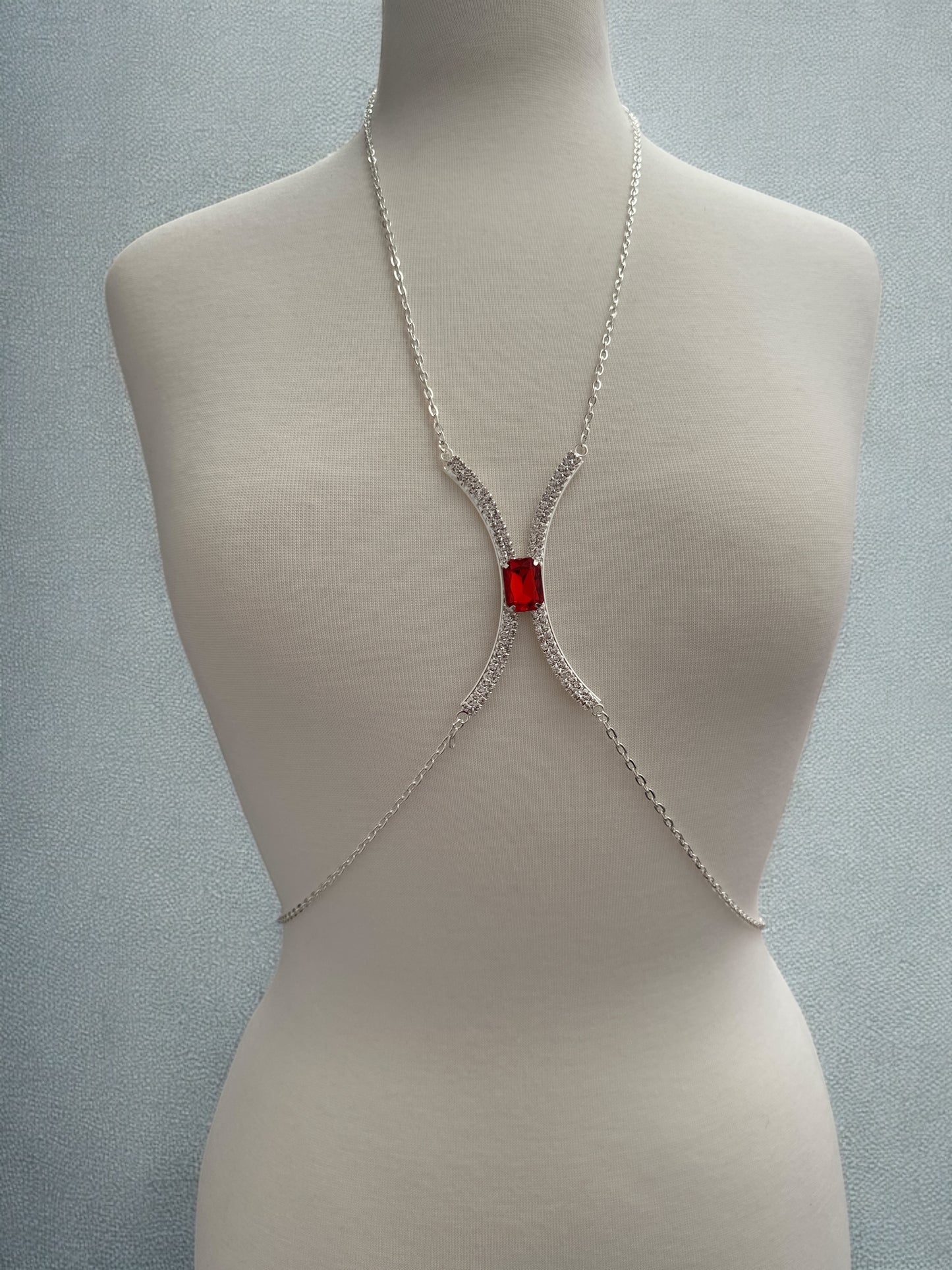 Red Rhinestone Bralette Body Chain – Gold & Silver Festival Statement Jewellery