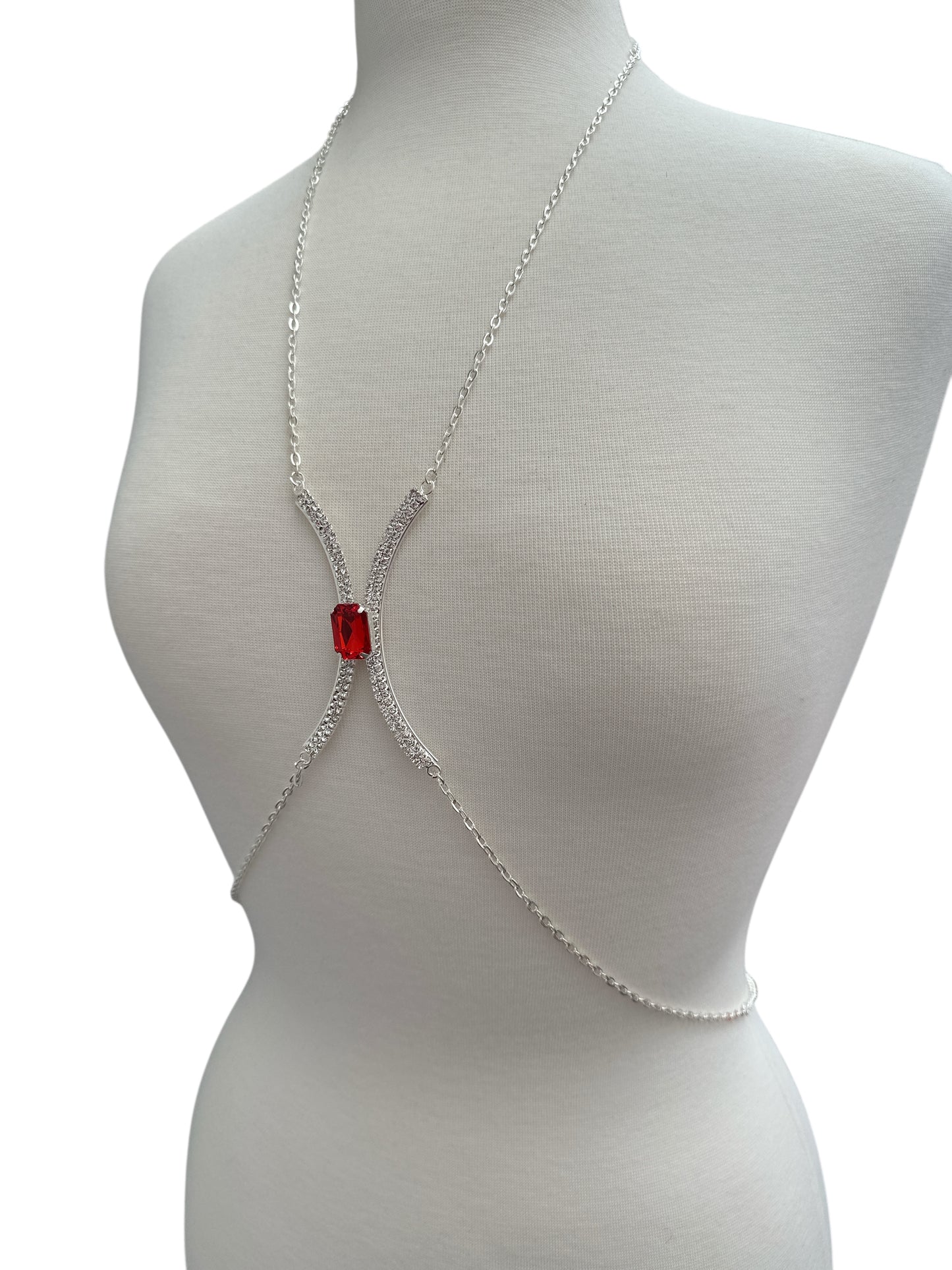 Red Rhinestone Bralette Body Chain – Gold & Silver Festival Statement Jewellery
