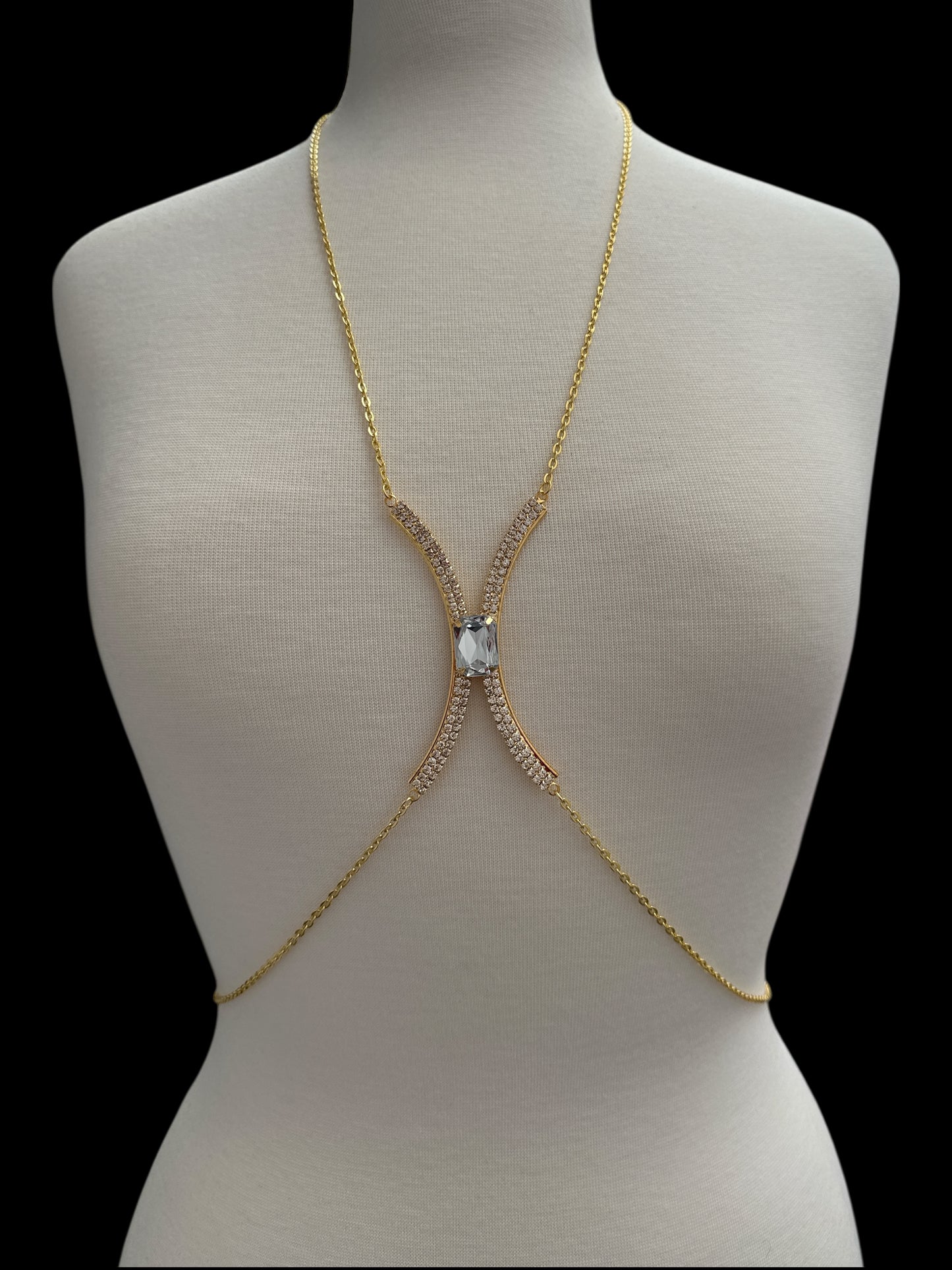 White Rhinestone Bralette Body Chain Gold Silver – Festival & Statement Jewellery