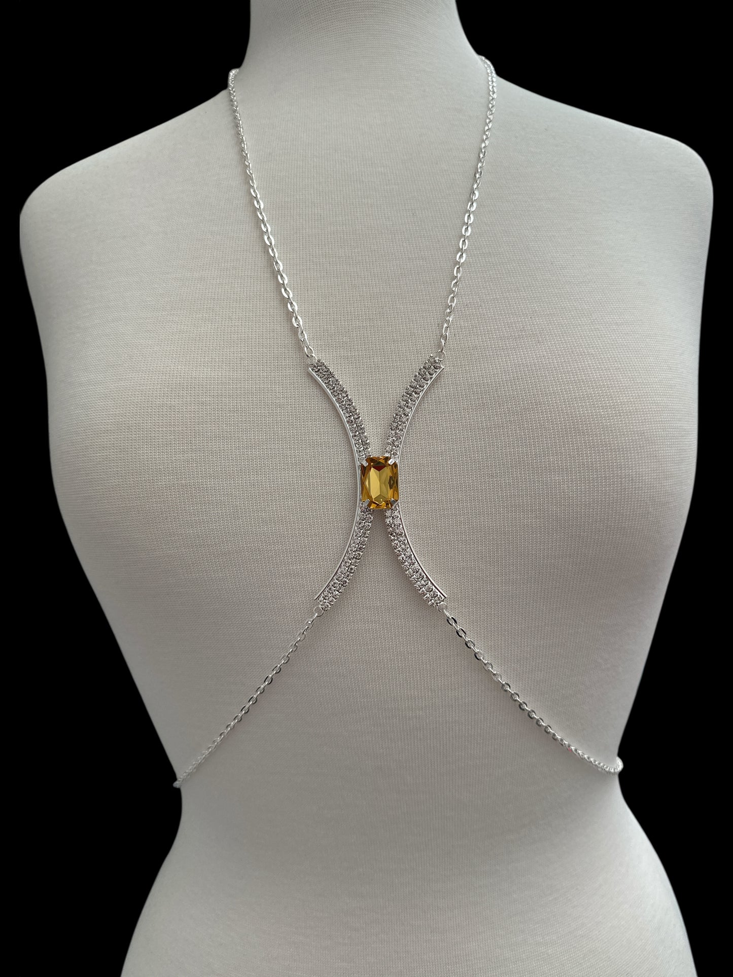 Centred Yellow Rhinestone Bralette Body Chain – Gold & Silver Statement Jewellery