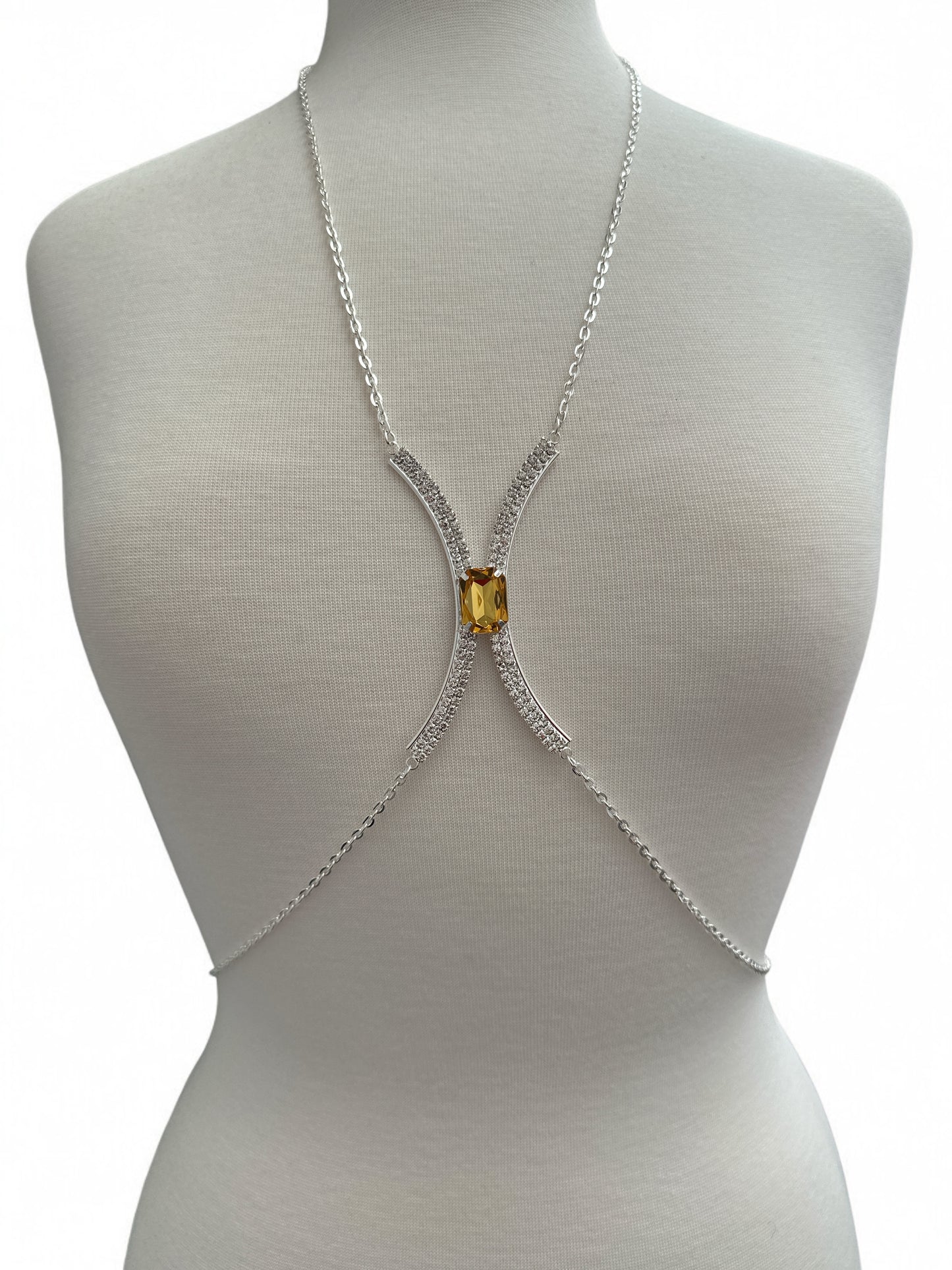 Centred Yellow Rhinestone Bralette Body Chain – Gold & Silver Statement Jewellery