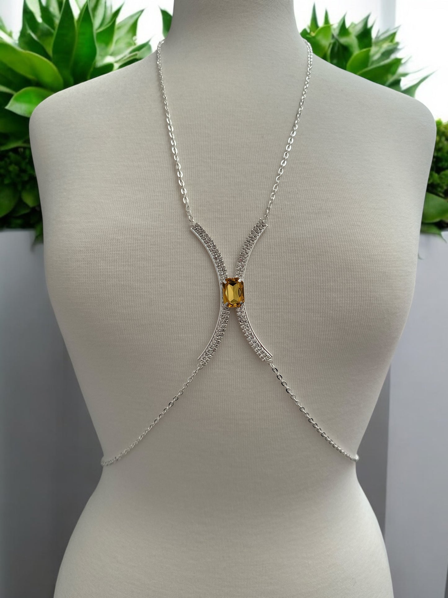 Centred Yellow Rhinestone Bralette Body Chain – Gold & Silver Statement Jewellery