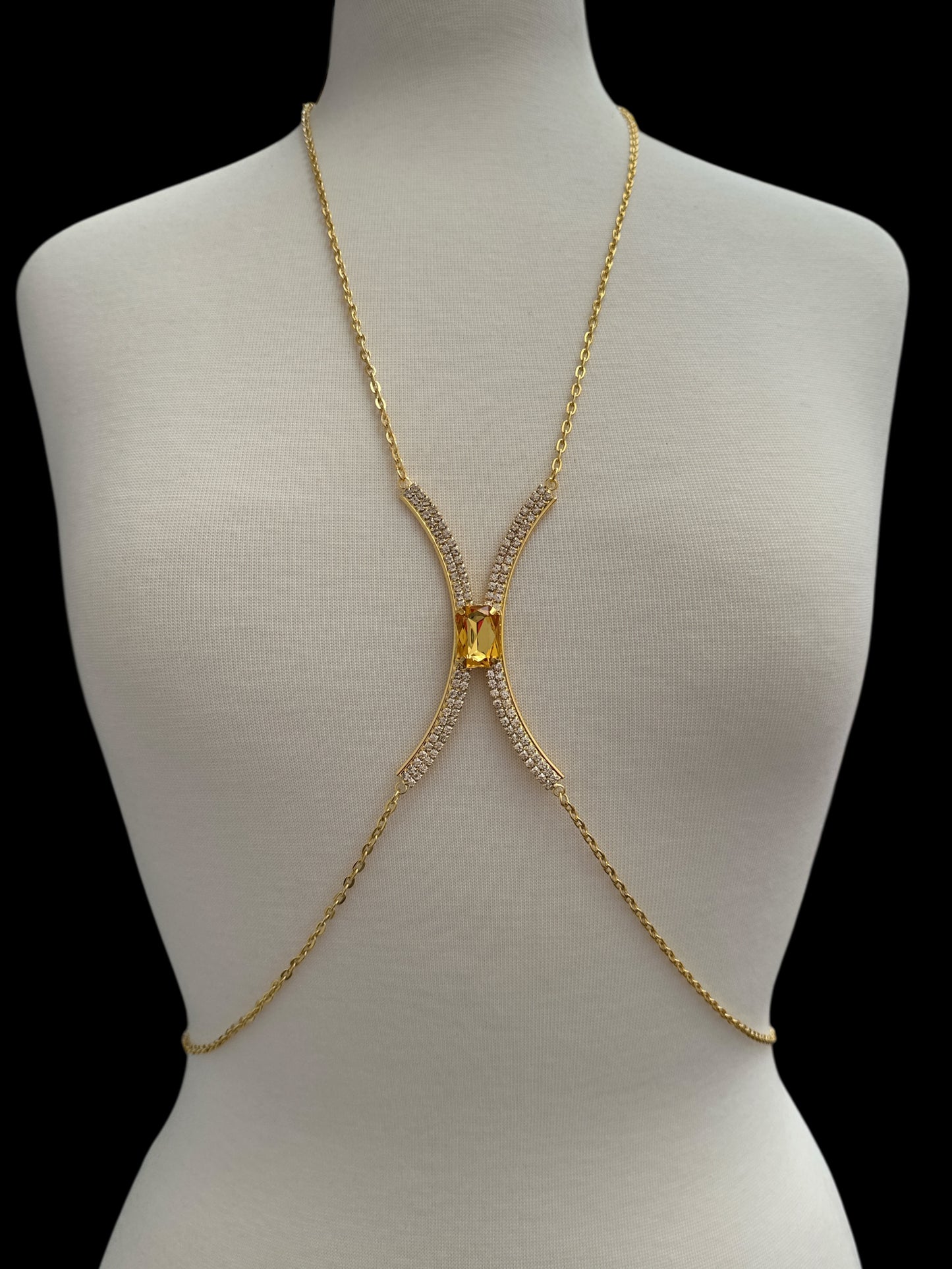 Centred Yellow Rhinestone Bralette Body Chain – Gold & Silver Statement Jewellery