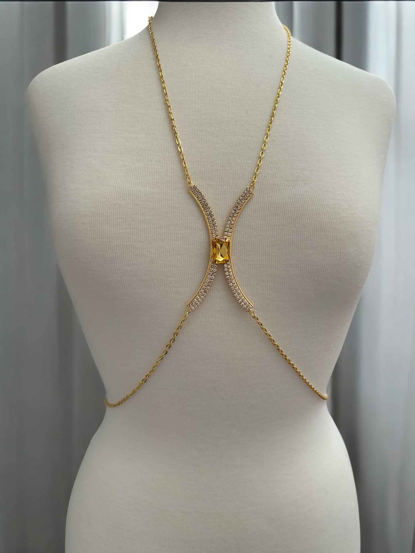 Centred Yellow Rhinestone Bralette Body Chain – Gold & Silver Statement Jewellery