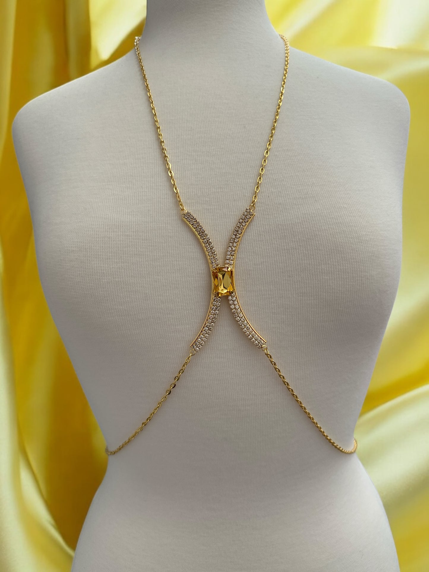 Centred Yellow Rhinestone Bralette Body Chain – Gold & Silver Statement Jewellery