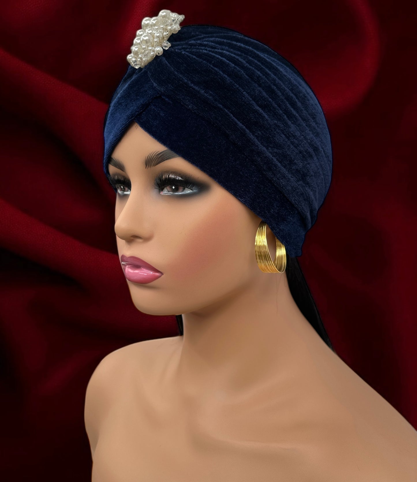 Elegant Velvet Turban Cap with Pearl Beads – Pre-Tied, Lightweight, Ready to Wear Headwrap for Women - Fatisha Boutique #