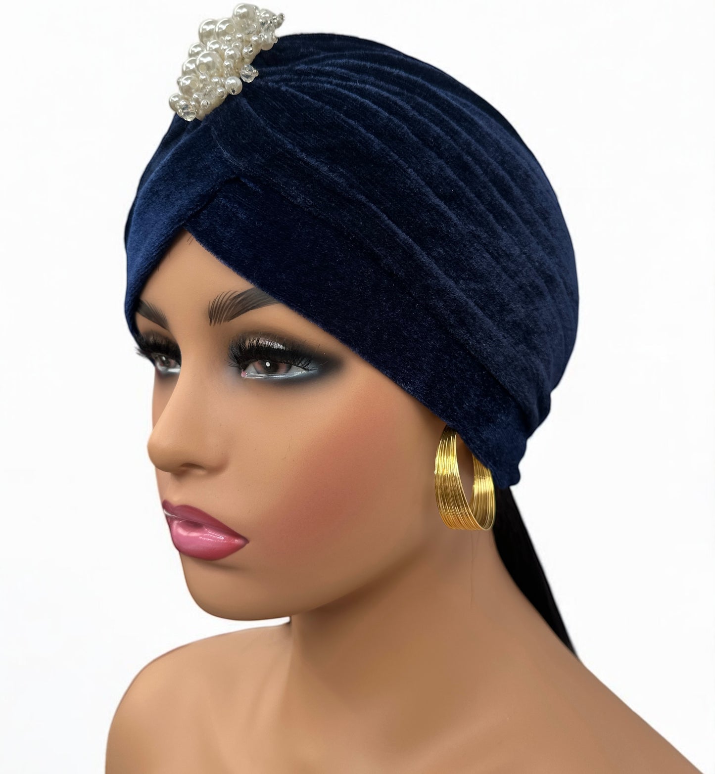 Elegant Velvet Turban Cap with Pearl Beads – Pre-Tied, Lightweight, Ready to Wear Headwrap for Women - Fatisha Boutique #