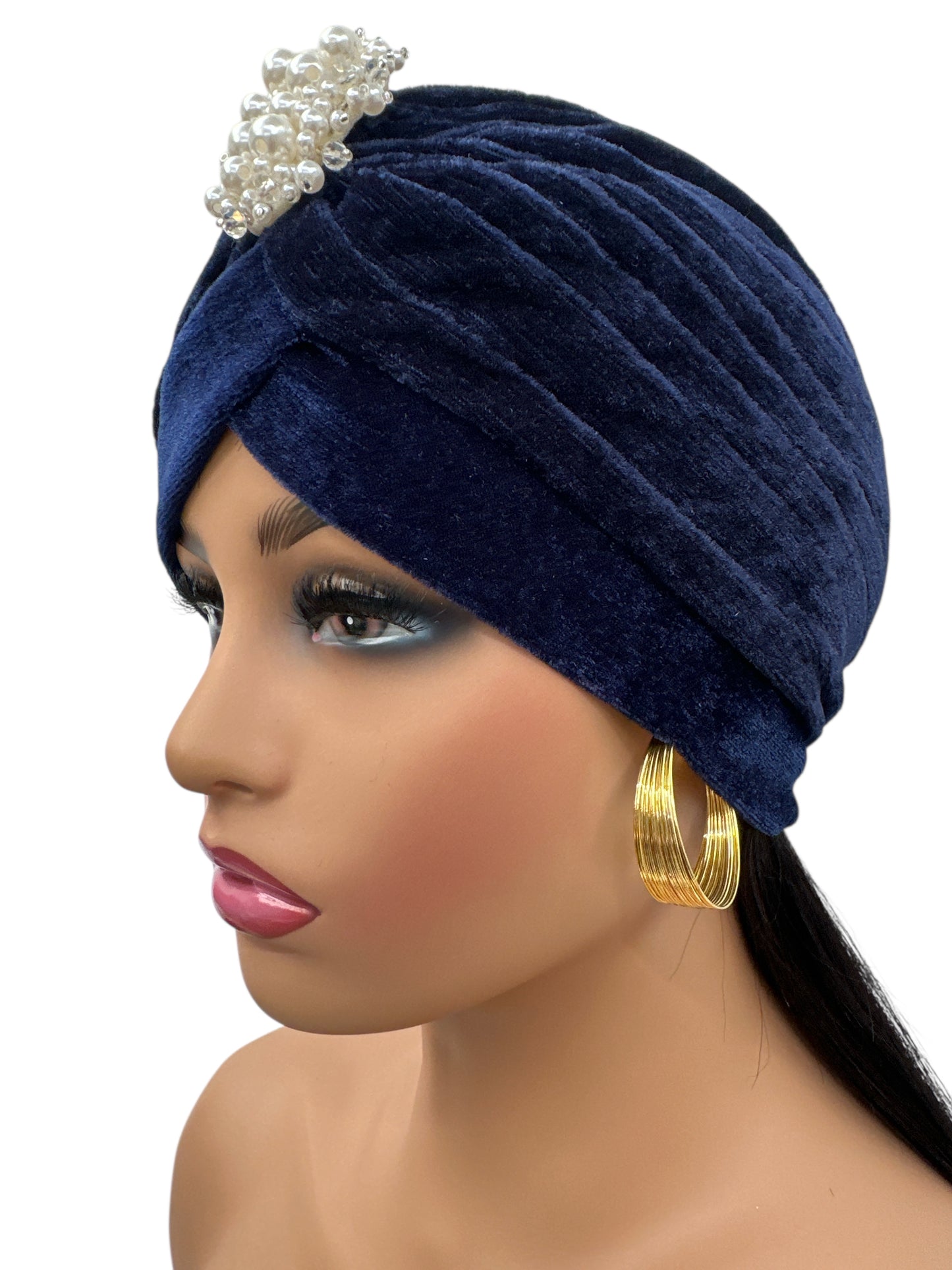 Elegant Velvet Turban Cap with Pearl Beads – Pre-Tied, Lightweight, Ready to Wear Headwrap for Women - Fatisha Boutique #