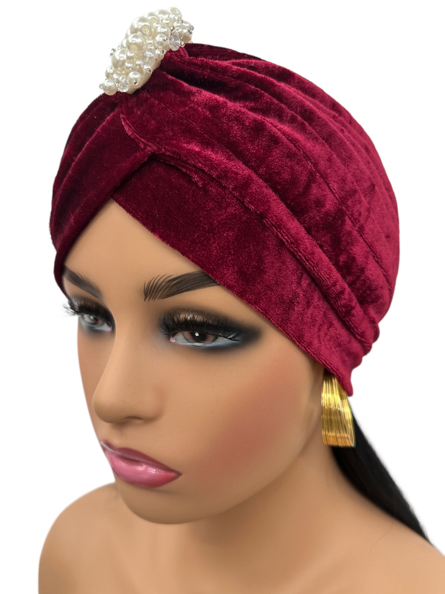 Elegant Velvet Turban Cap with Pearl Beads – Pre-Tied, Lightweight, Ready to Wear Headwrap for Women - Fatisha Boutique #