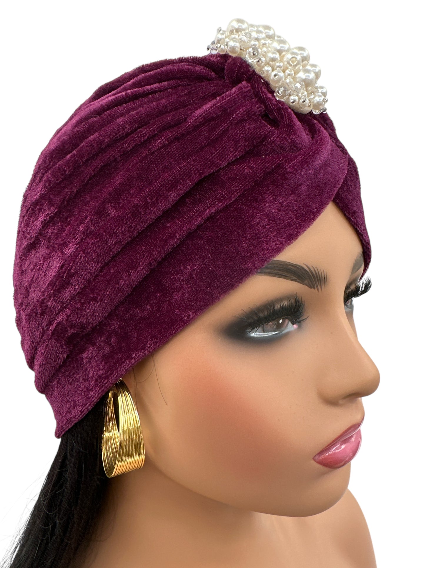 Elegant Velvet Turban Cap with Pearl Beads – Pre-Tied, Lightweight, Ready to Wear Headwrap for Women - Fatisha Boutique #