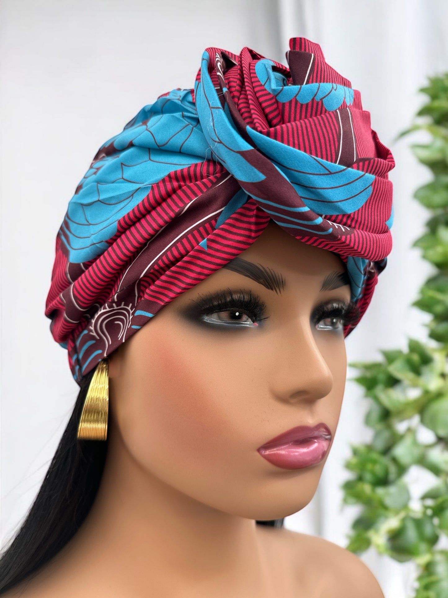 Elegant Red & Blue Ankara Pre-Tied Flower Turban, Double-Layer Satin Lined, Ready to Wear