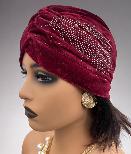 Burgundy Velvet Turban Cap – Pre-Tied Lightweight Rhinestone Headwrap for Women | UK Seller - Fatisha Boutique #